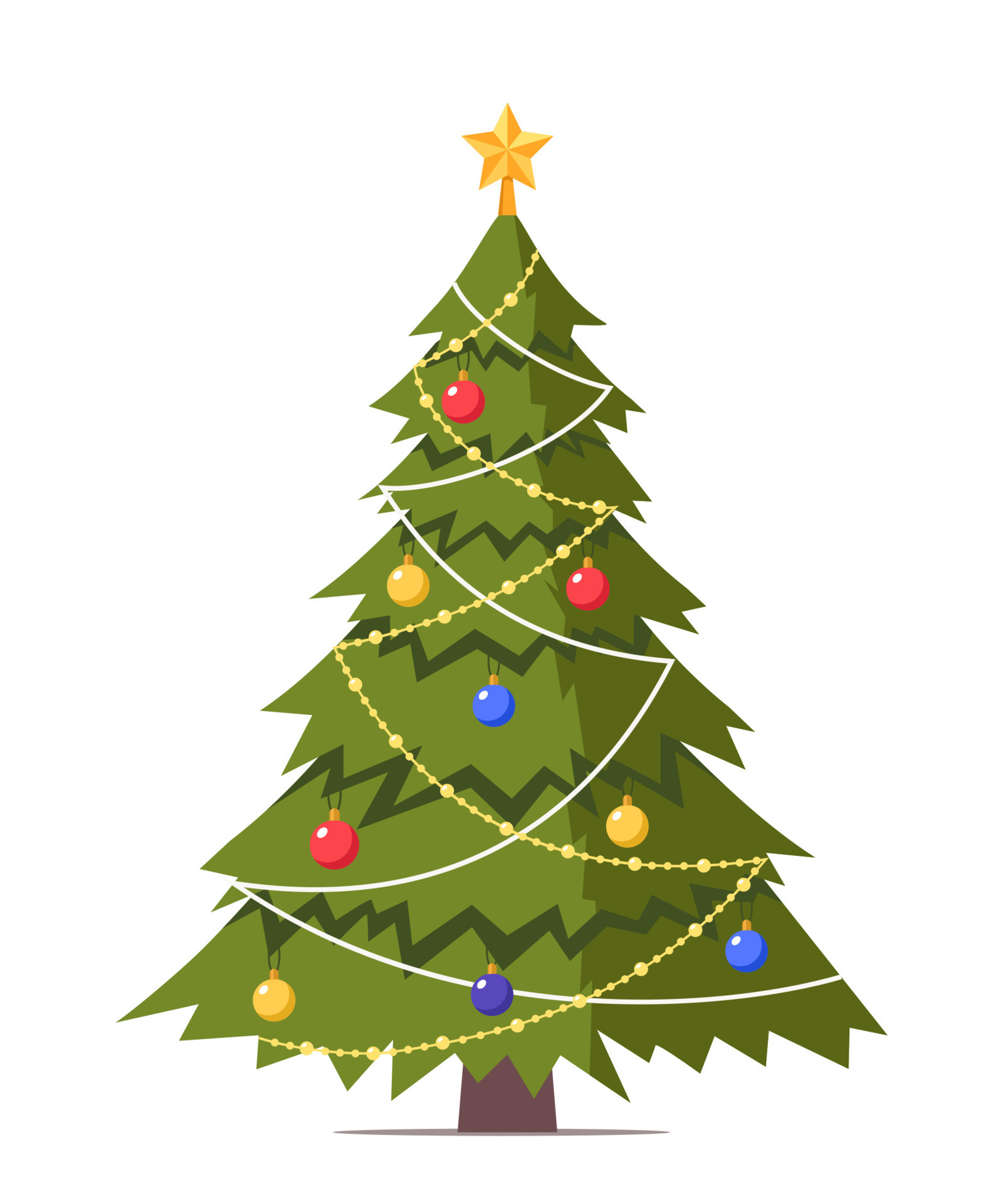 Christmas tree decorated with star star, decoration balls and light bulb chain. Flat style 