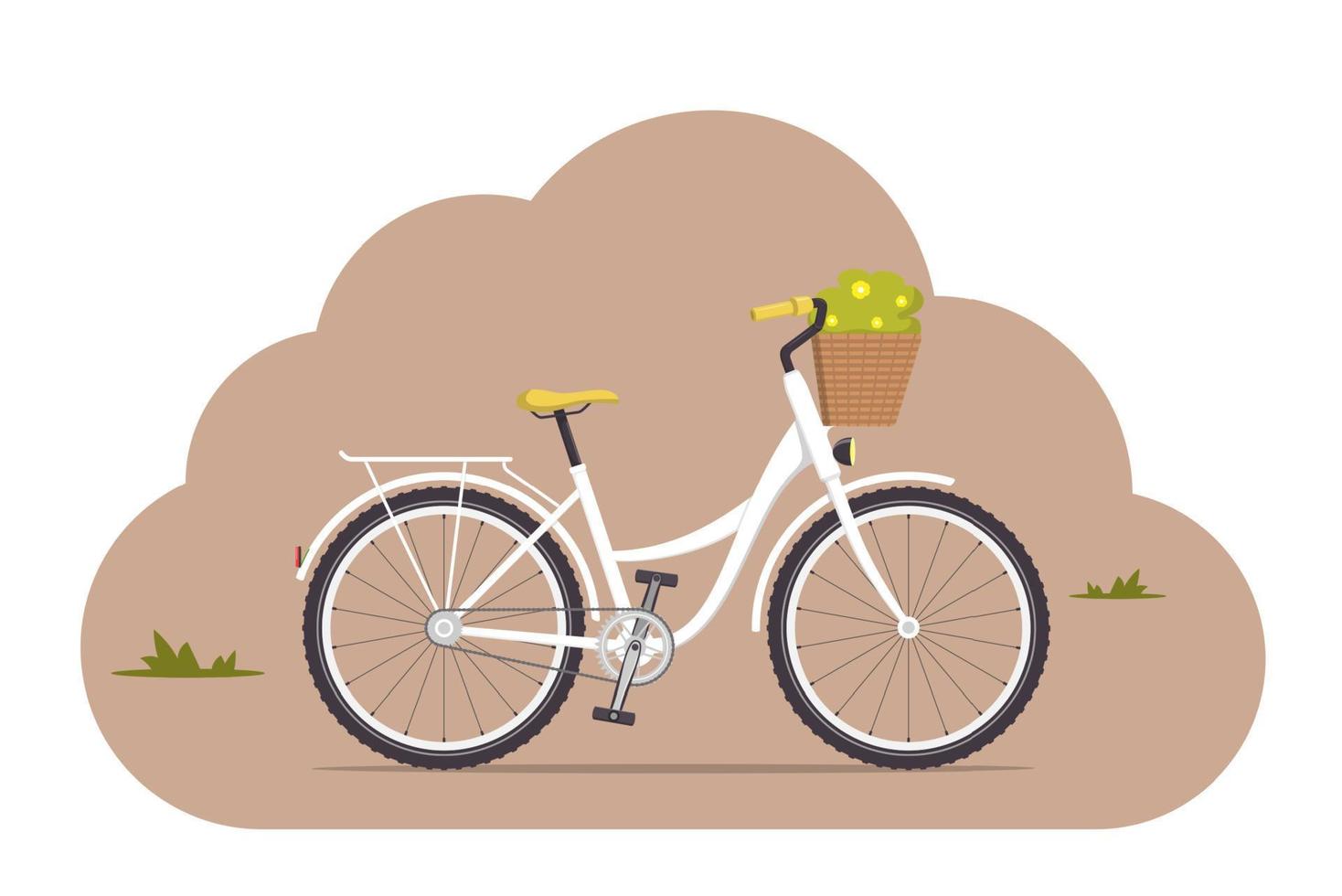 Cute women s retro bike with a low frame and basket with flowers in front. Vintage white bicycle. Vector illustration in flat style.