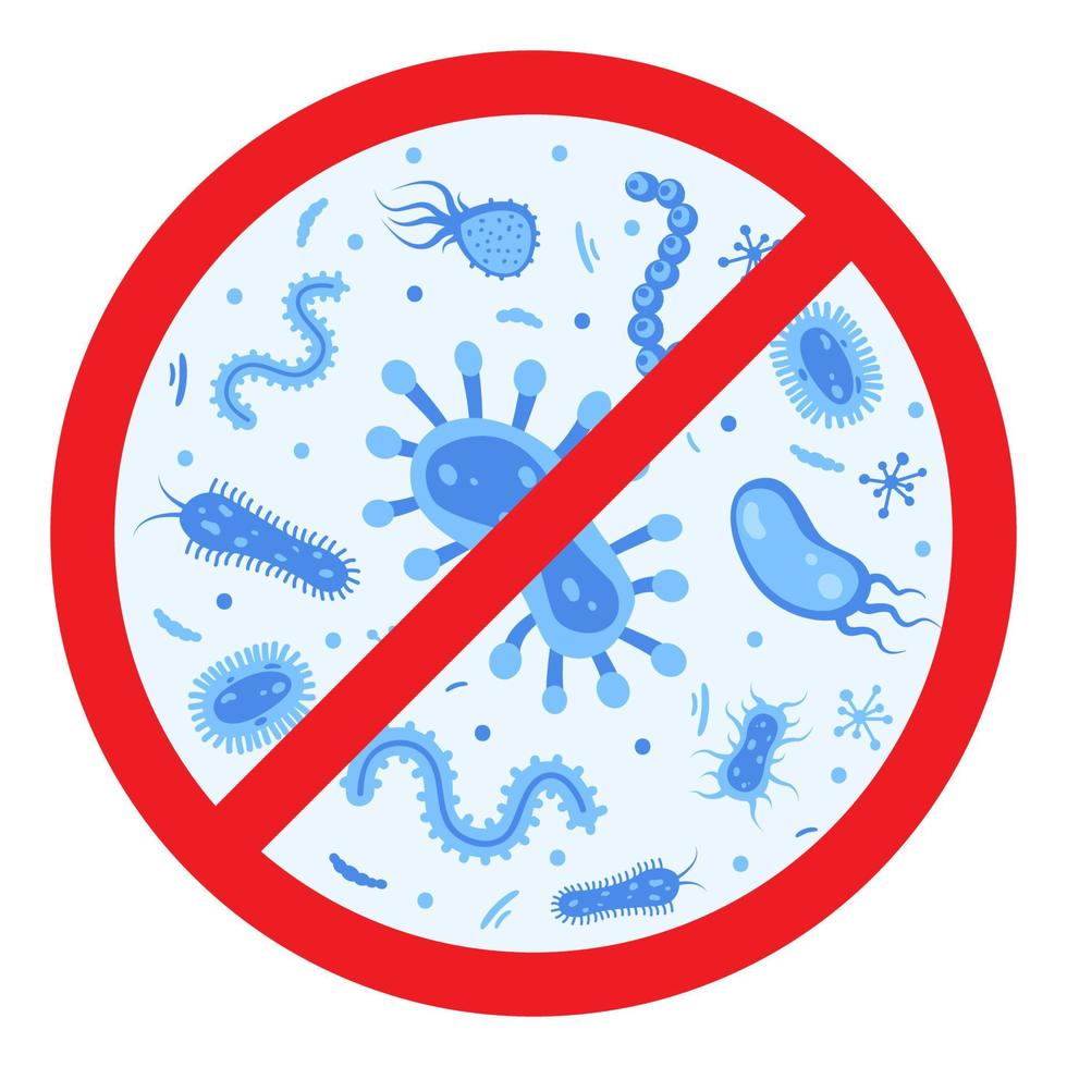 icono de defensa antibacteriana. detener el signo de prohibición de bacterias y virus. antiséptico. varias bacterias en el círculo rojo tachado. ilustración vectorial vector