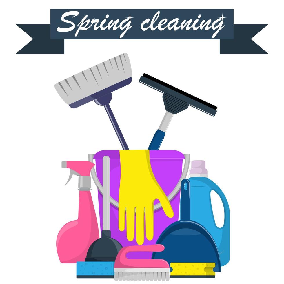 Spring cleaning concept. Bucket, scoop and brush for sweeping, washing powder, bottle of spray, sponge, brush, glass scraper, rubber gloves. Vector illustration, flat style.