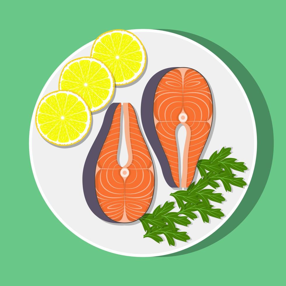 Salmon steak with lemon slices and herbs on white plate, top view. Vector flat illustration.