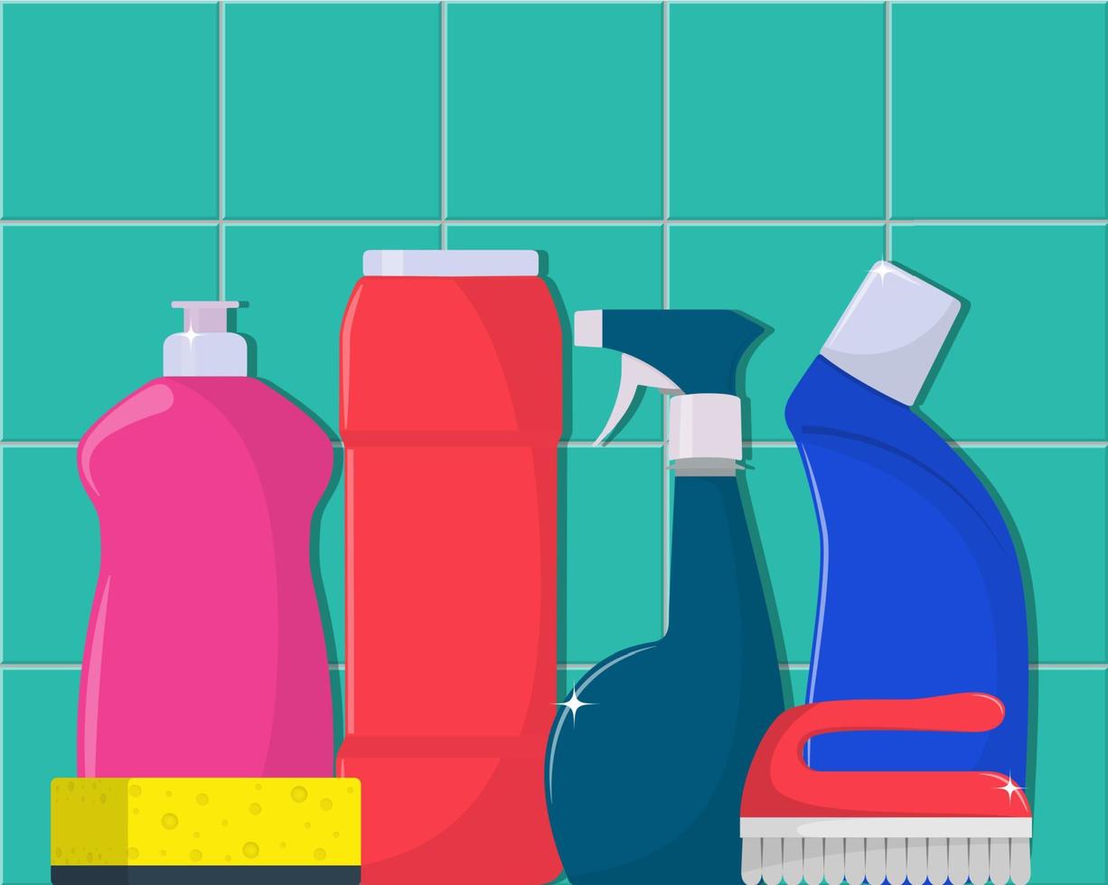 The bottles of detergent, washing powder, detergent powder, bottle of spray, cleaning sponge, cleaning brush. Cleaning services concept. Vector illustration, flat style, isolated.