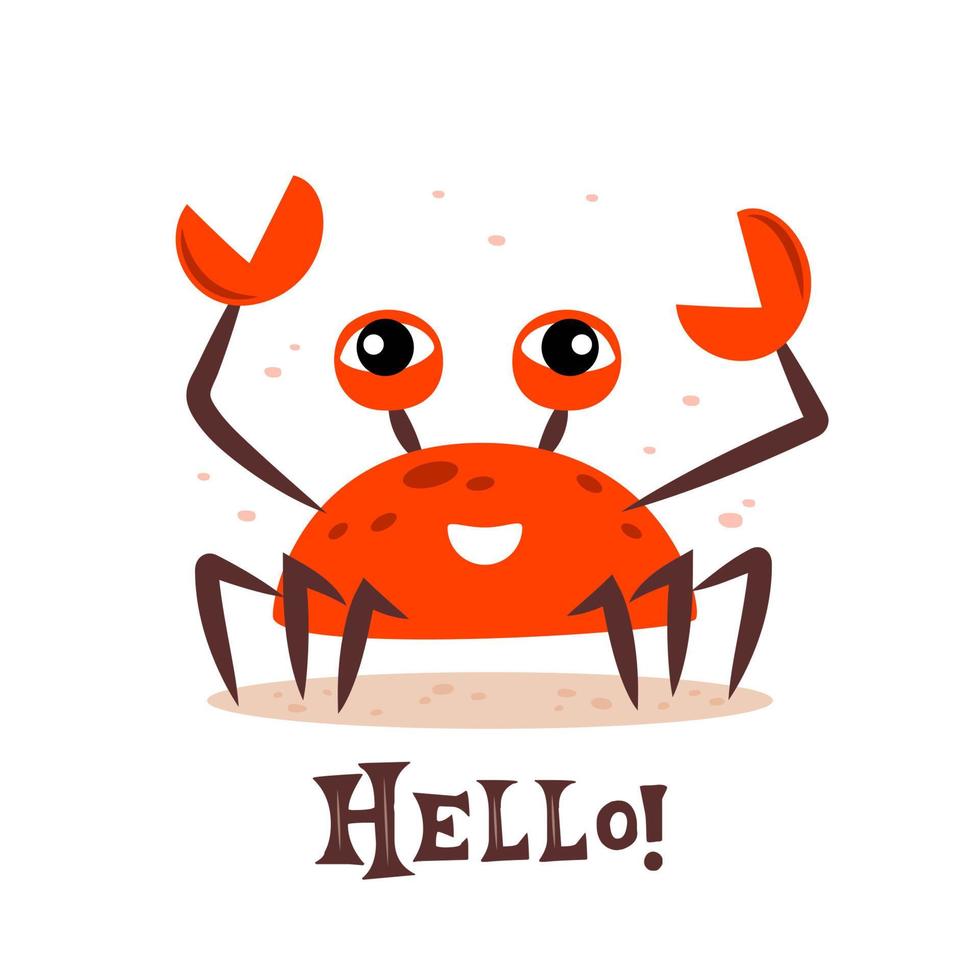 Cute cartoon red crab smiling character. Hello crab. Funny vector illustration for poster, logo, greeting card, banner, cute cartoon print.