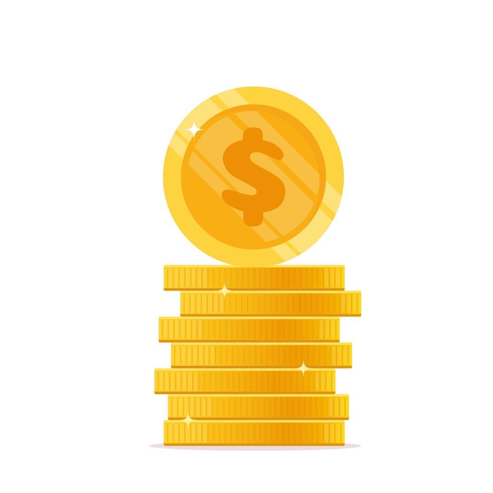 Stack of coins with front view coin on it. Pile of gold shiny coins with dollar sign. Vector illustration.
