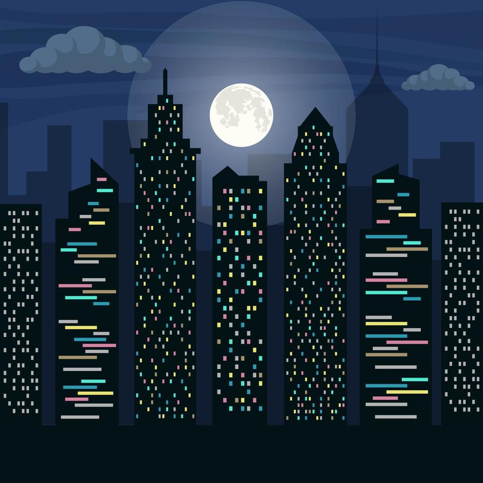 The skyscrapers of the big city in moonlight. Night city landscape. Vector flat illustration.