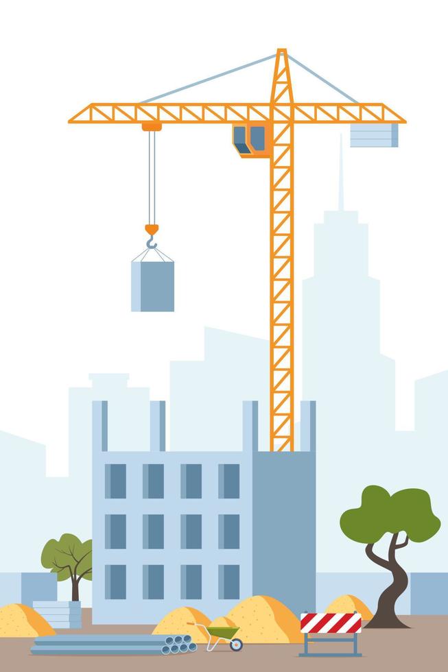 Building work process with houses and tower crane. City landscape on background. Vector illustration.
