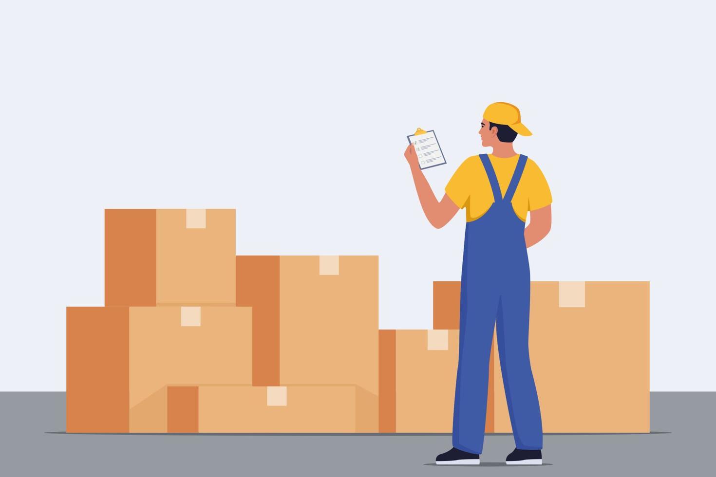 Warehouse worker checking goods in boxes. Stock taking job. Modern flat style vector illustration isolated on white background.