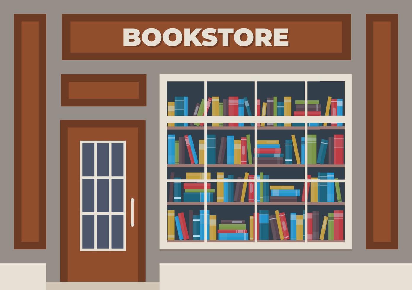 A bookstore with a sign over the entrance. Books in the shop window on the shelves. Street store. Vector illustration, flat style.
