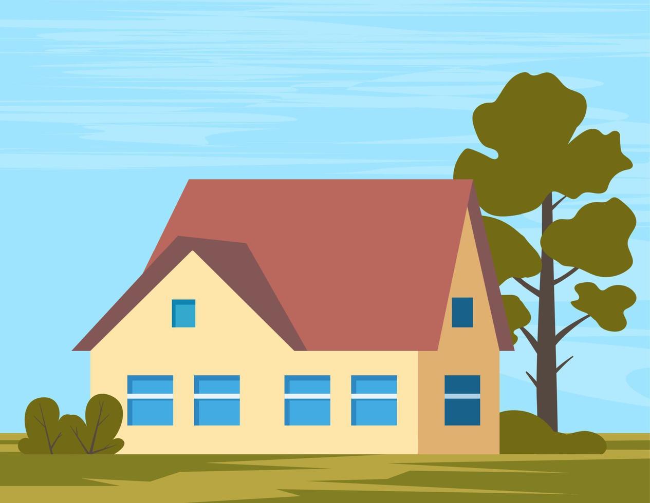 Suburban American house exterior front view and some trees. private house, cottage, vector Illustration.