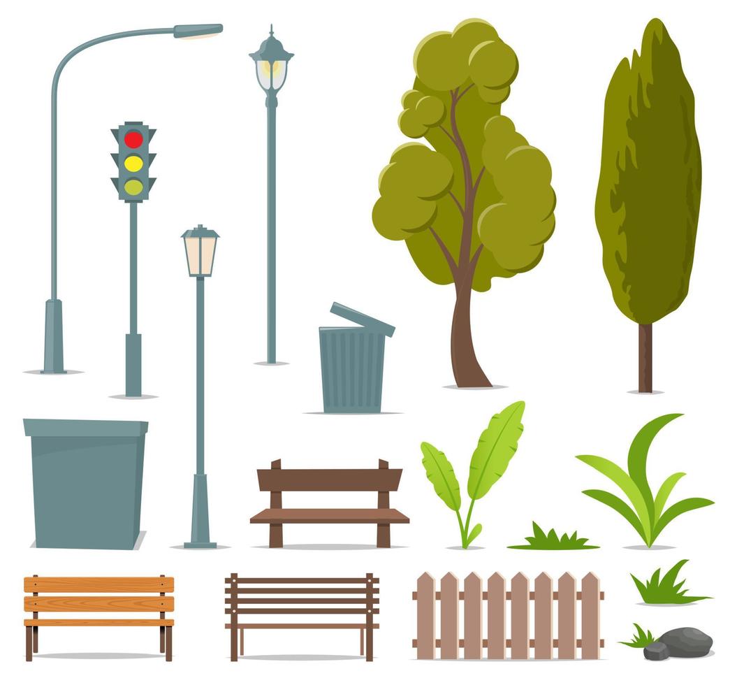 City and outdoor elements. Set of urban objects. Street lamp, traffic light, tree, bench, trash can, urn, bushes, grass, plants, stone, fence. Vector illustration.