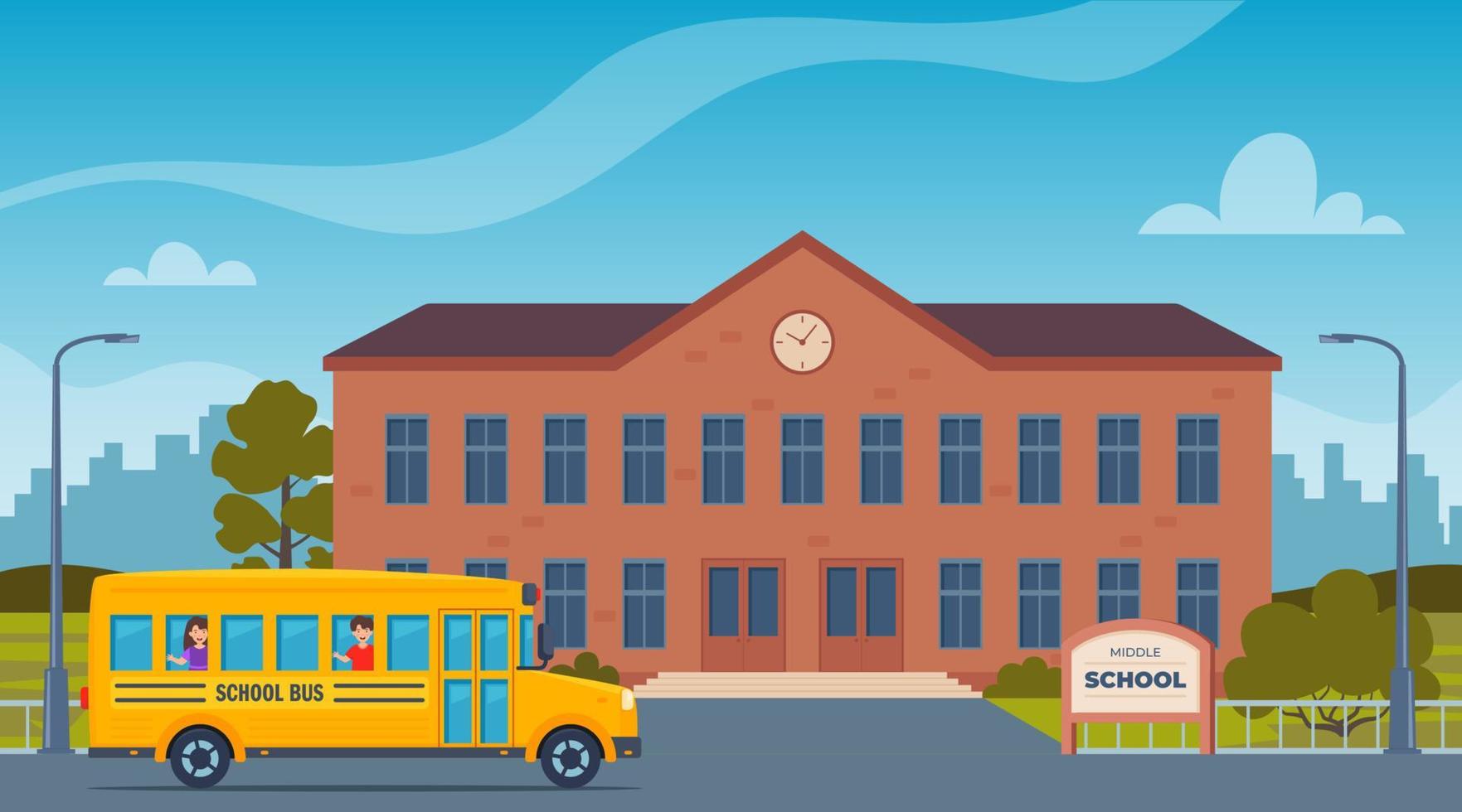 School building and empty front yard with green grass and trees. City on background. Kids in yellow classic school bus. Back to school concept. Vector illustration.