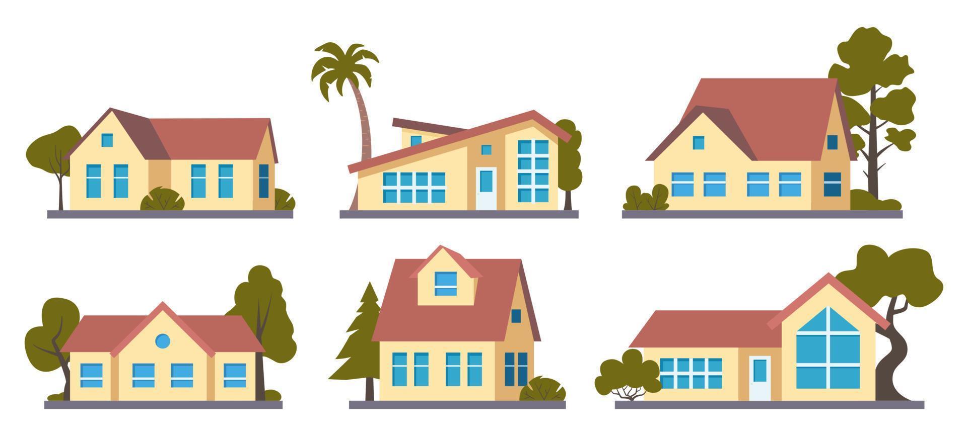 conjunto de casas. vista frontal exterior de casas americanas suburbanas y algunos árboles. colección de casas americanas clásicas y modernas aisladas en el fondo blanco. ilustración vectorial vector