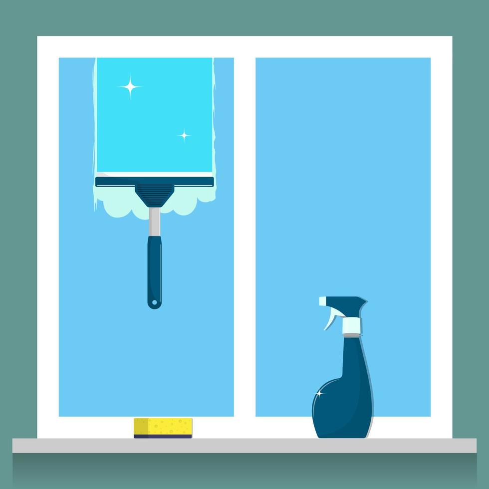 Window cleaning. Glass scraper glides over the glass, making it clean. Spray glass cleaner and a sponge. Window cleaning service concept. Vector illustration in flat style.