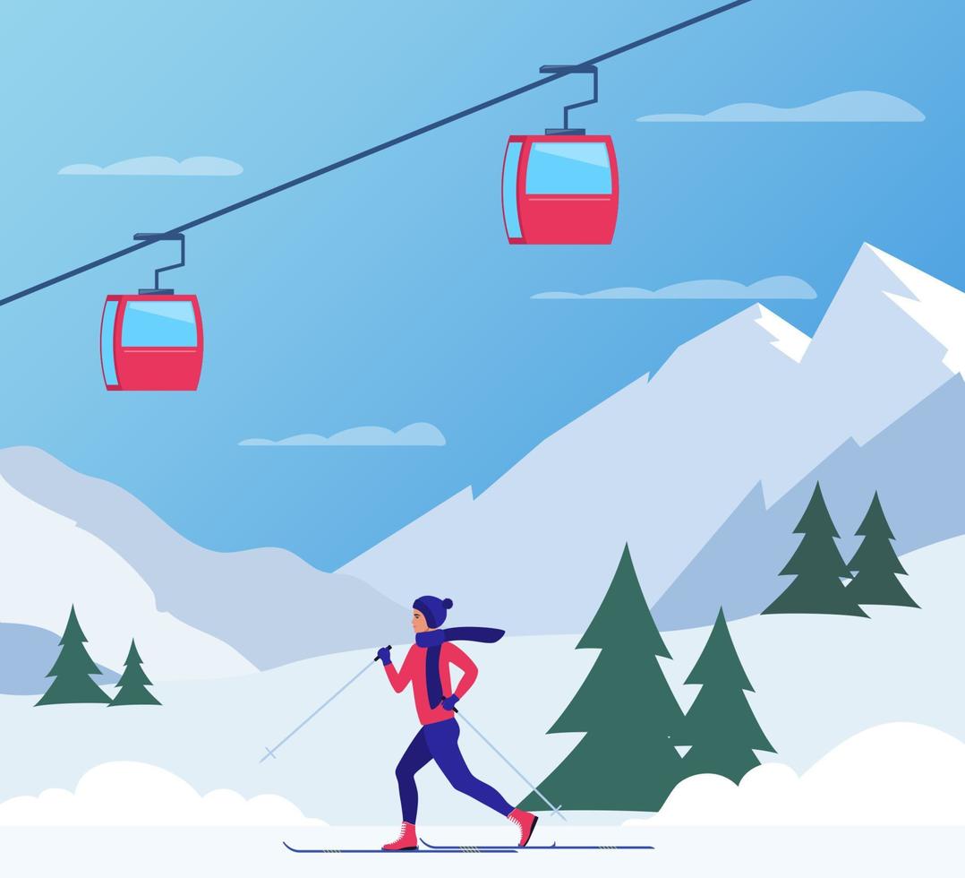 Ski resort snow mountain landscape, skiers on slopes, ski lifts. Winter landscape with ski slope covered with snow, trees and mountains on background. Cartoon flat vector illustration.