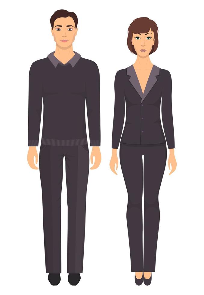 Man and woman standing in full growth in formal clothes. Couple in elegant  and casual clothes. Basic wardrobe. Vector illustration, isolated. 15411182  Vector Art at Vecteezy