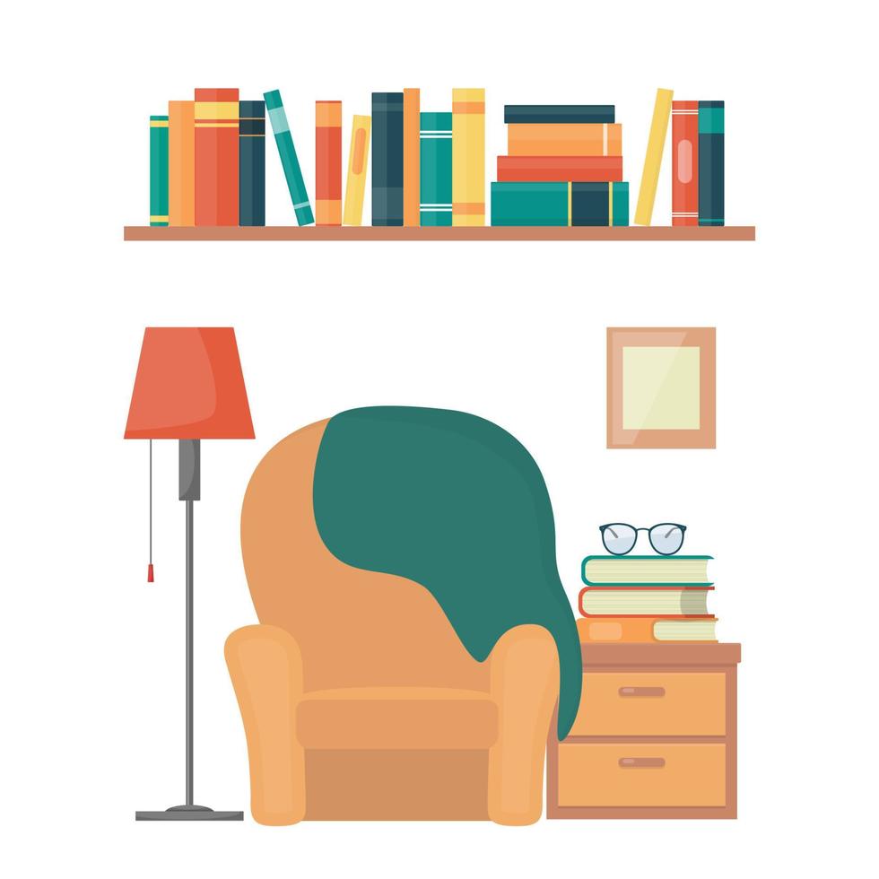 Cozy living room armchair, nightstand, books, floor lamp, bookshelf. Interior elements of home library. Love reading concept illustration, flat style vector. vector
