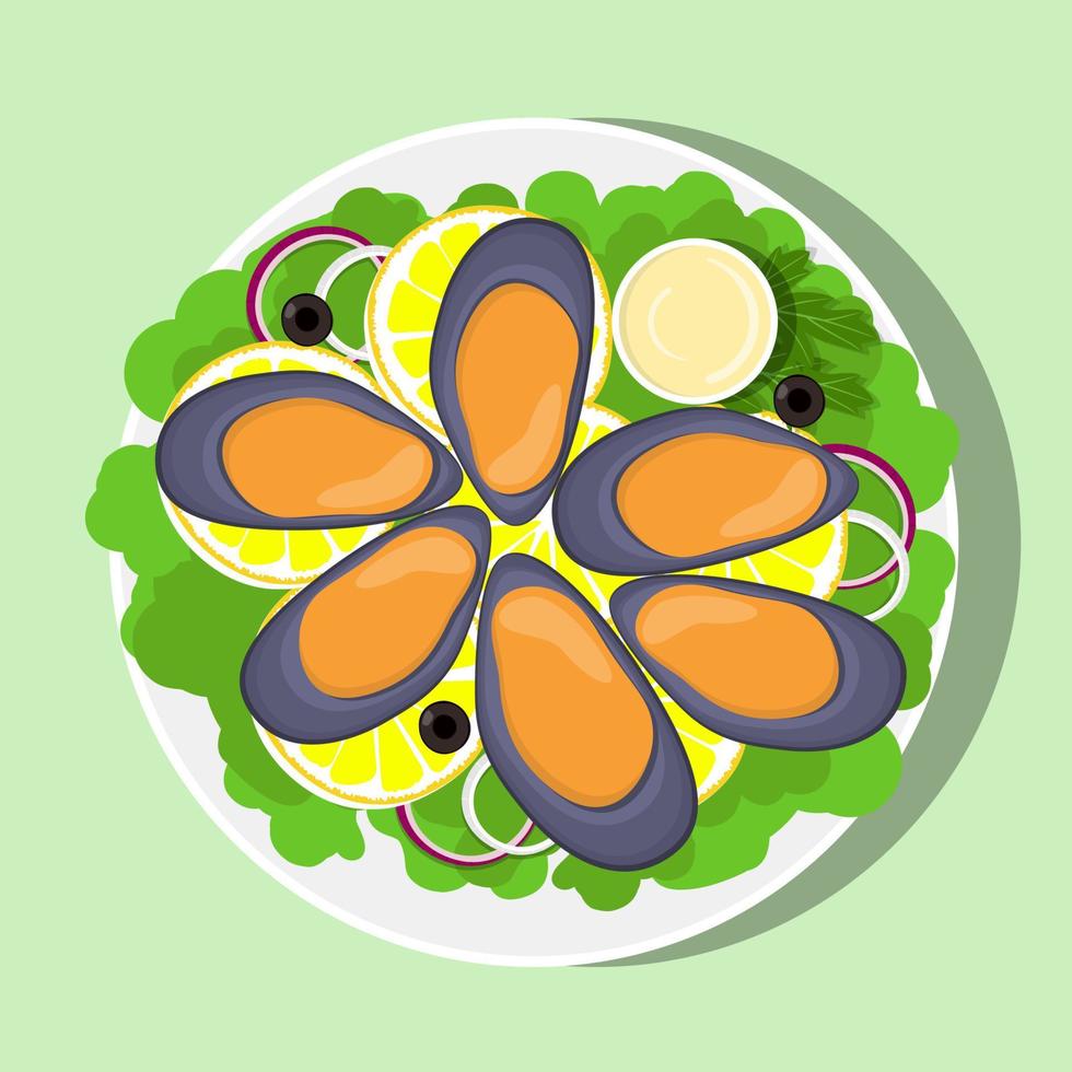 Mussels, lemon slices, lettuce leaves, onion and sauce on white plate, top view. Fresh seafood. Vector flat illustration.