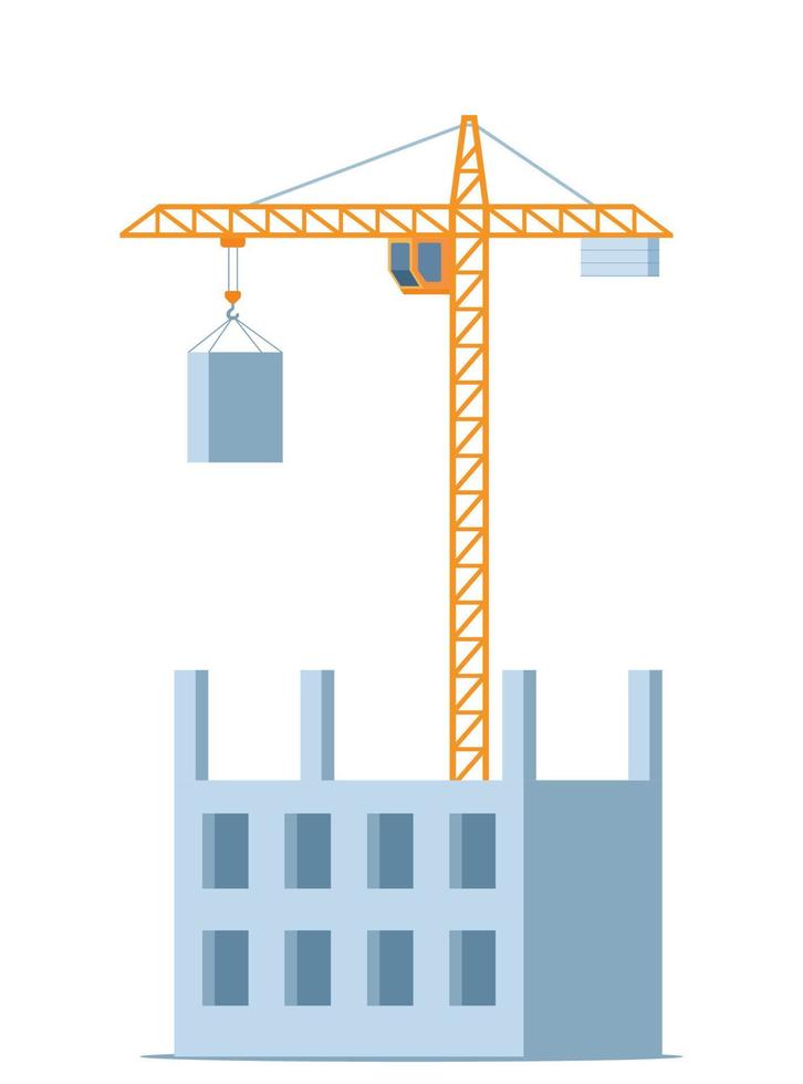 Building work process with houses and tower crane. Vector illustration.