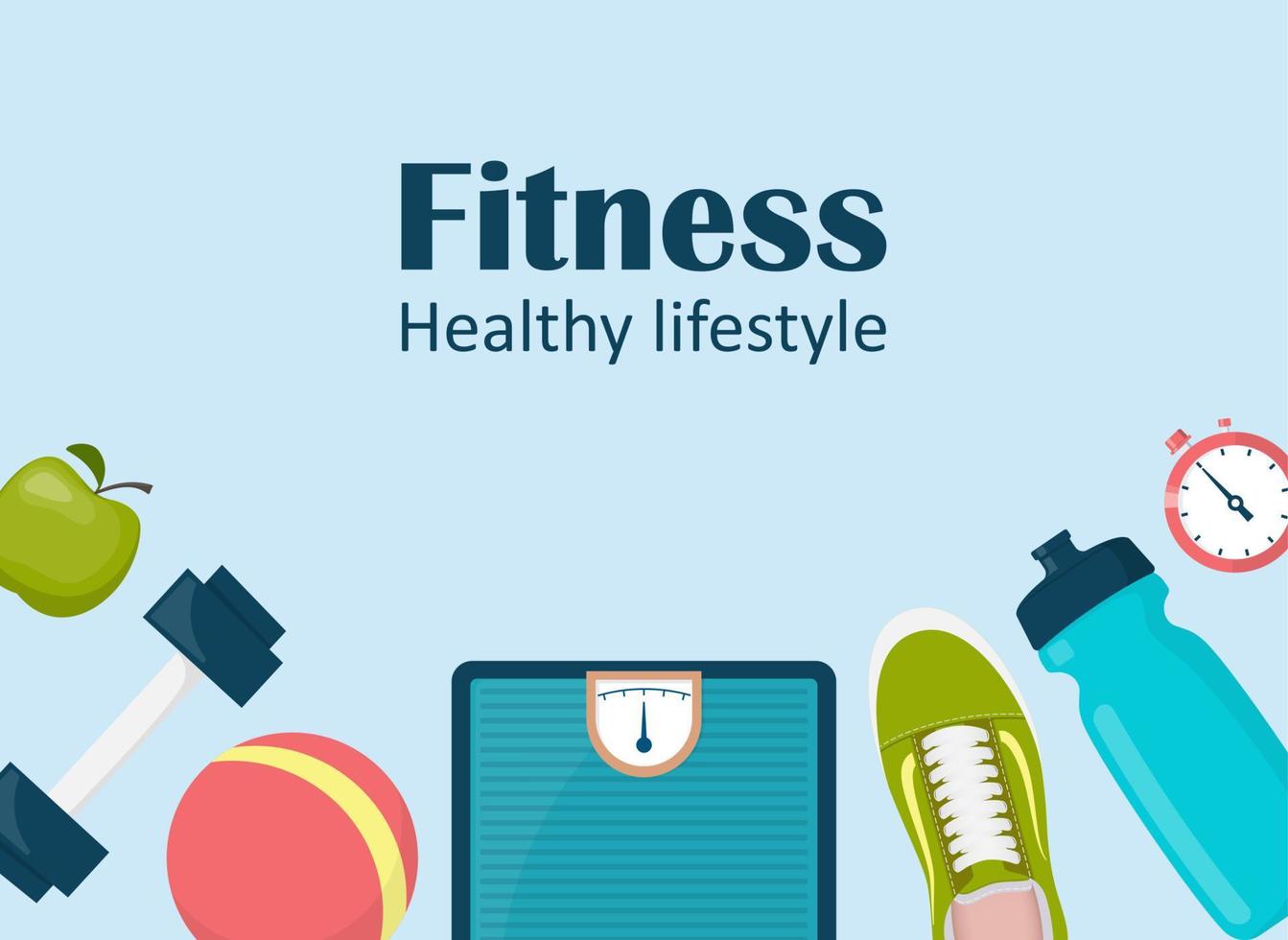 Fitness, sport, diet and healthy lifestyle banner with copy space and training equipment. Running, sport and gym icons set. Vector illustration in flat style.