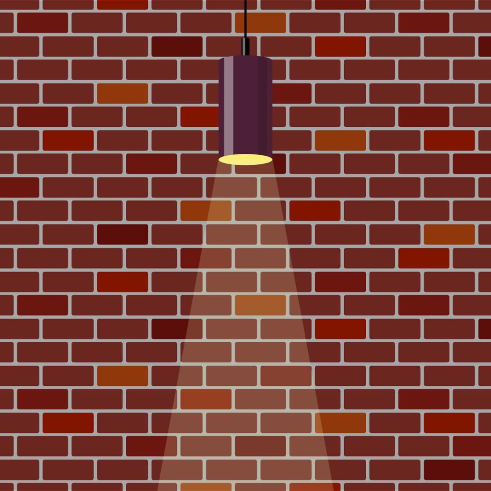 Colorful brick wall, illuminated by hanging lamp. Brick wall background. Violet ceiling lamp. Vector illustration in flat style.