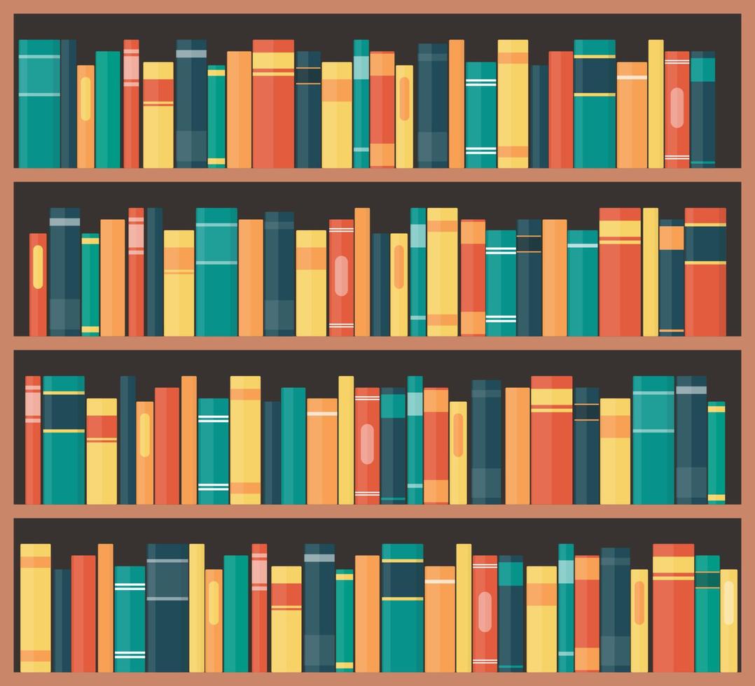 Bookcase with books. Book shelves with multicolored book spines. Vector illustration in flat style.