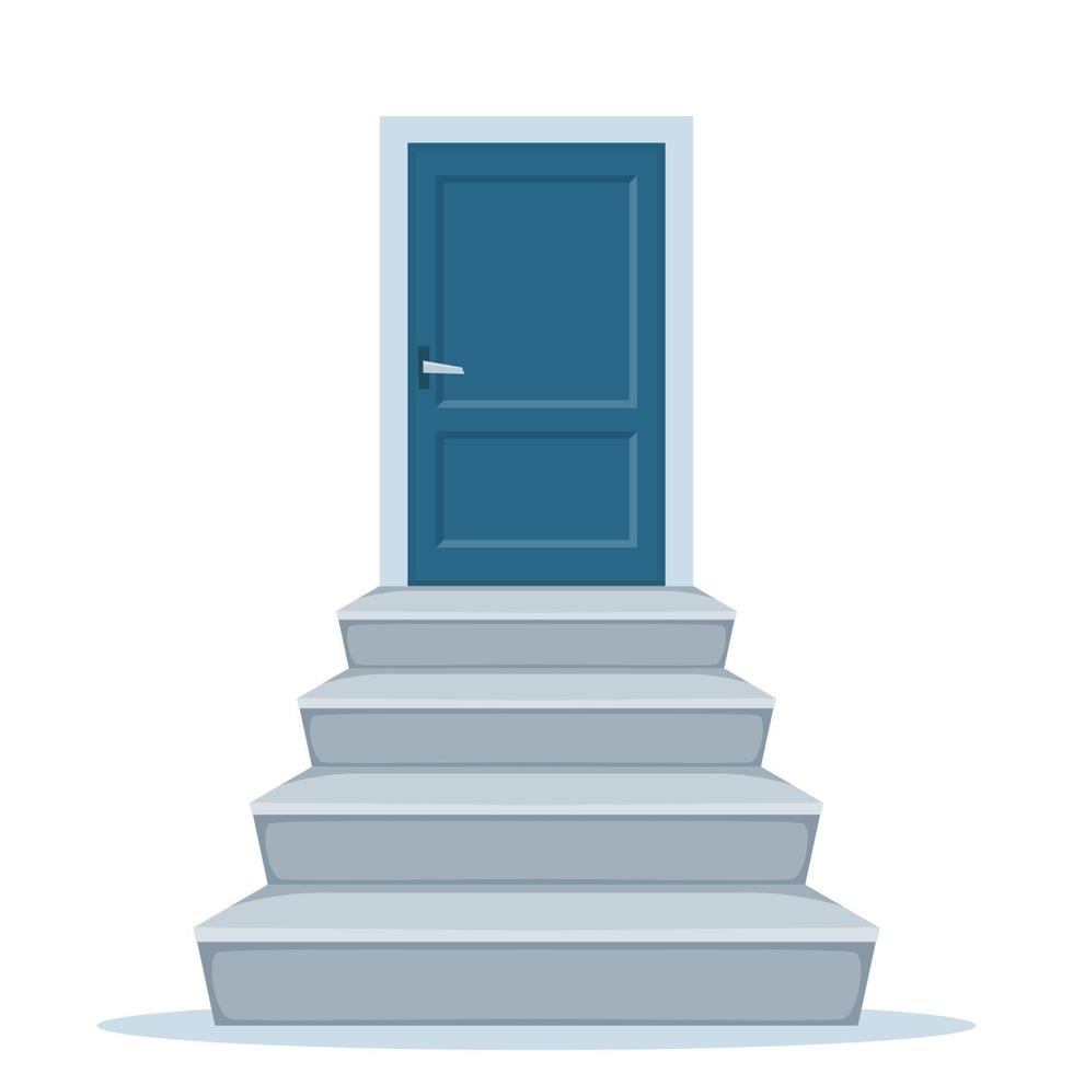 Ladders towards the door. Grey concrete staircase. Stair template front view, and closed door. Vector illustration isolated on white.