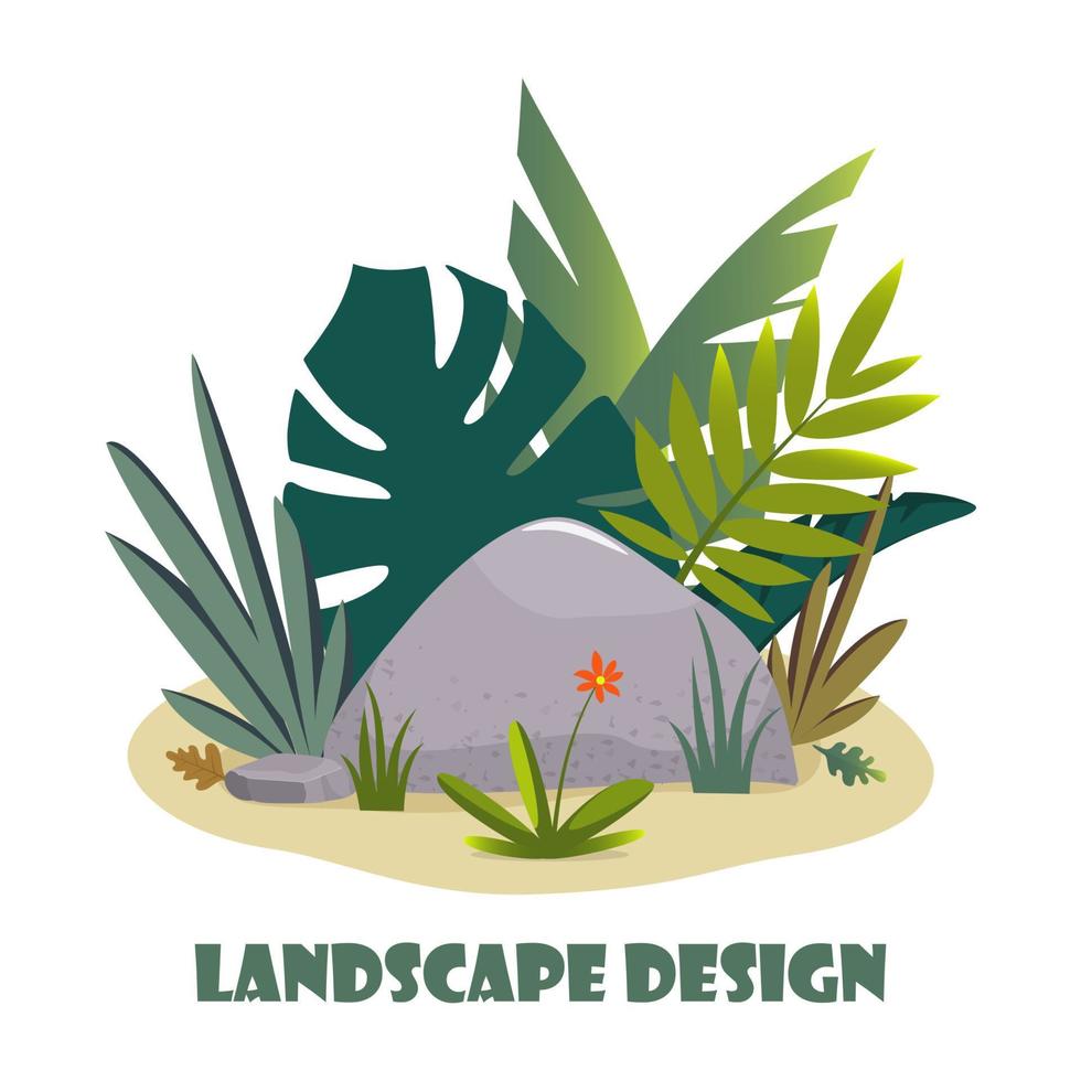 Landscape design composition with plant and stones. Cute floral composition for greeting card, banner, flyer, app, website on ecological, botanic, landscape design themes. Vector illustration.