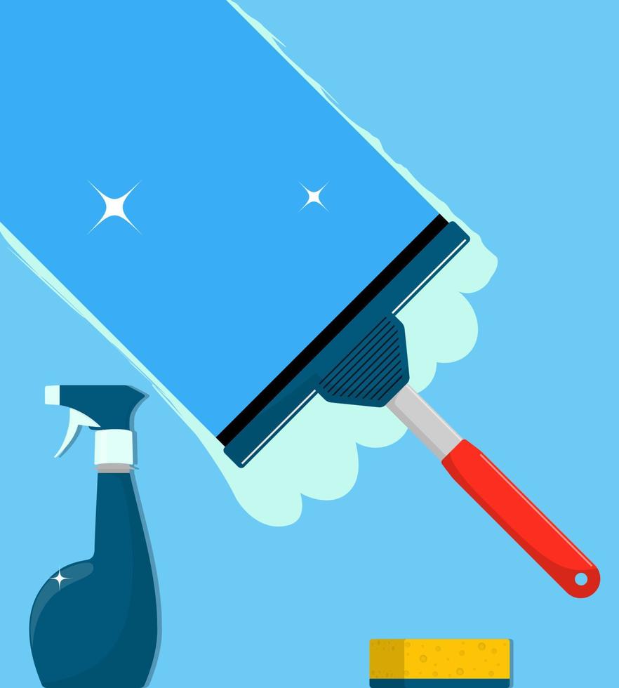 Window cleaning. Glass scraper glides over the glass, making it clean. Spray glass cleaner and a sponge. Window cleaning service concept. Vector illustration in flat style.