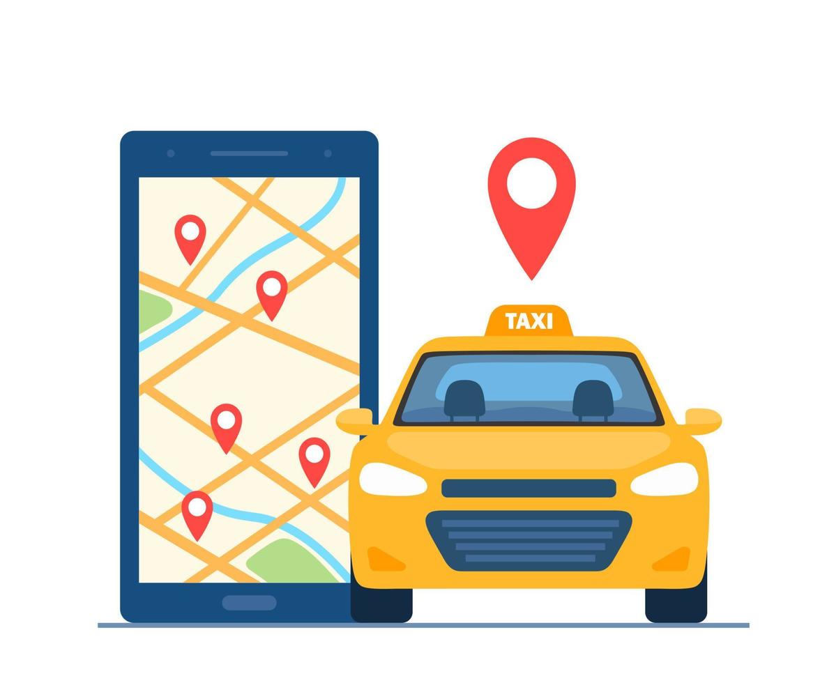 Yellow Taxi Car, front view. Taxi mobile ordering service app concept. Smartphone with geotag gps location pin on city map. Vector illustration.