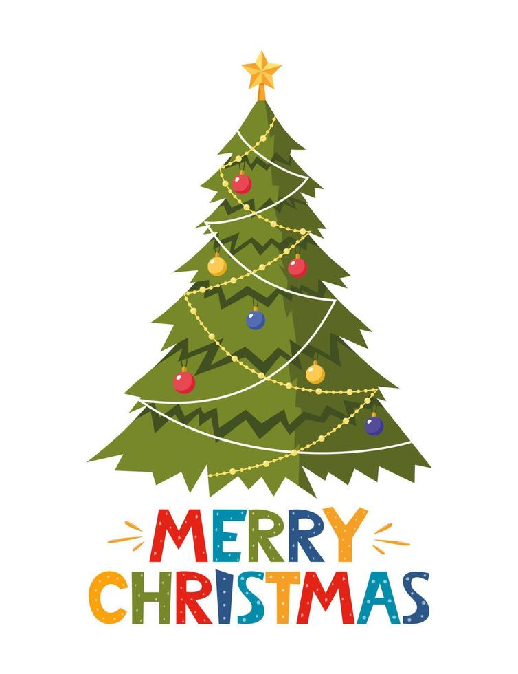 Merry Christmas text decorated with christmas tree, balls and light bulb chain. Greeting card design element. Vector typography.