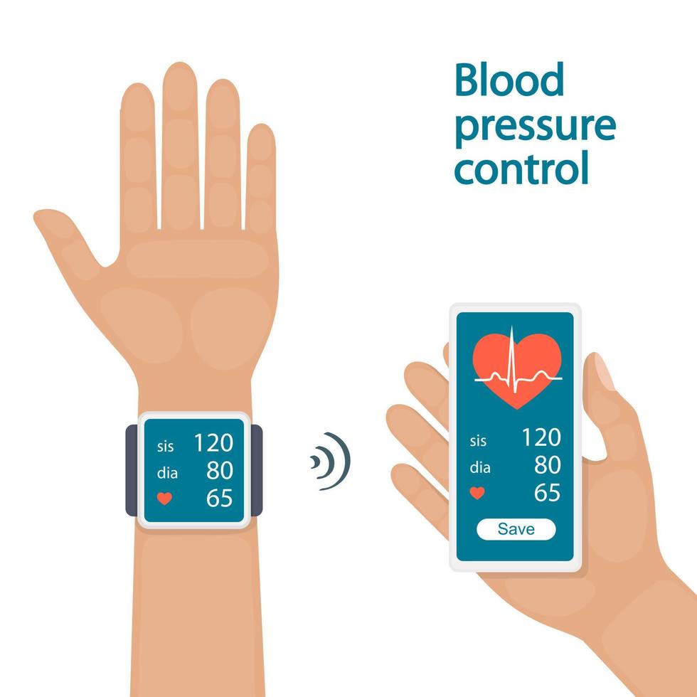 medición y seguimiento de la presión arterial con aparatos modernos y aplicaciones móviles. hombre que controla la presión arterial con tonómetro de dispositivo digital. cuidado de la salud. ilustración vectorial plana. vector