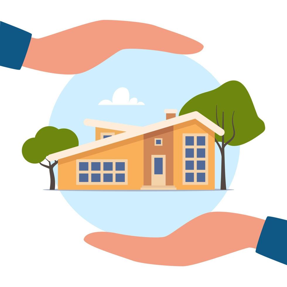 Home insurance concept. Hands protecting house from danger. Real estate insurance. Advertising of insurance services. Vector illustration in flat style.