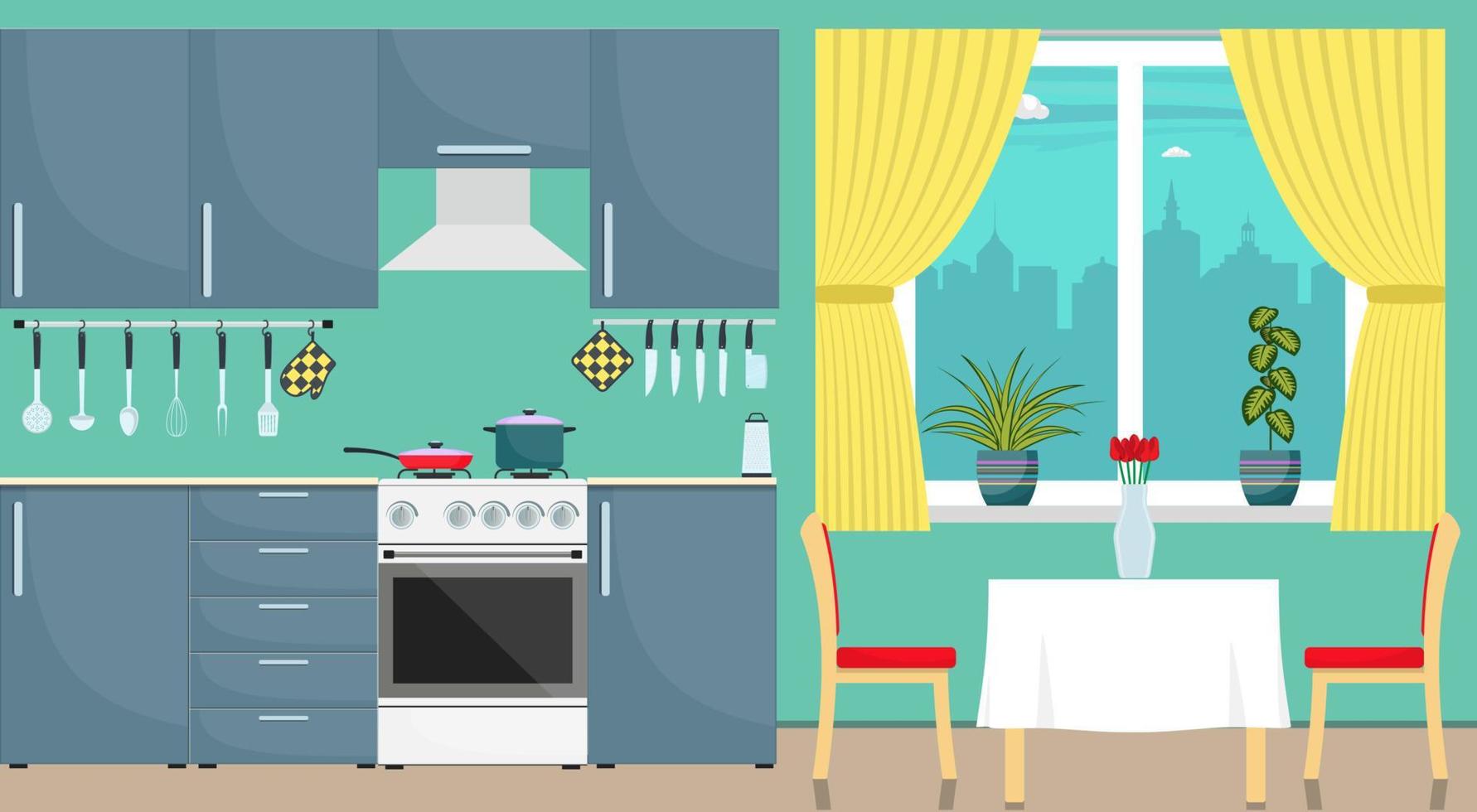 Modern stylish kitchen interior. Kitchen utensils and appliances, furniture, gas stove, refrigerator. Pan and frying pan on the stove. Vector illustration in flat style.