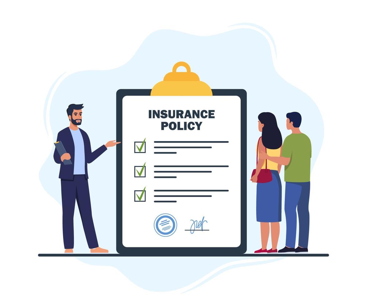 Insurance agent presenting service making deal with client family couple. Insurance policy on clipboard. Contract policy agreement. Vector illustration.