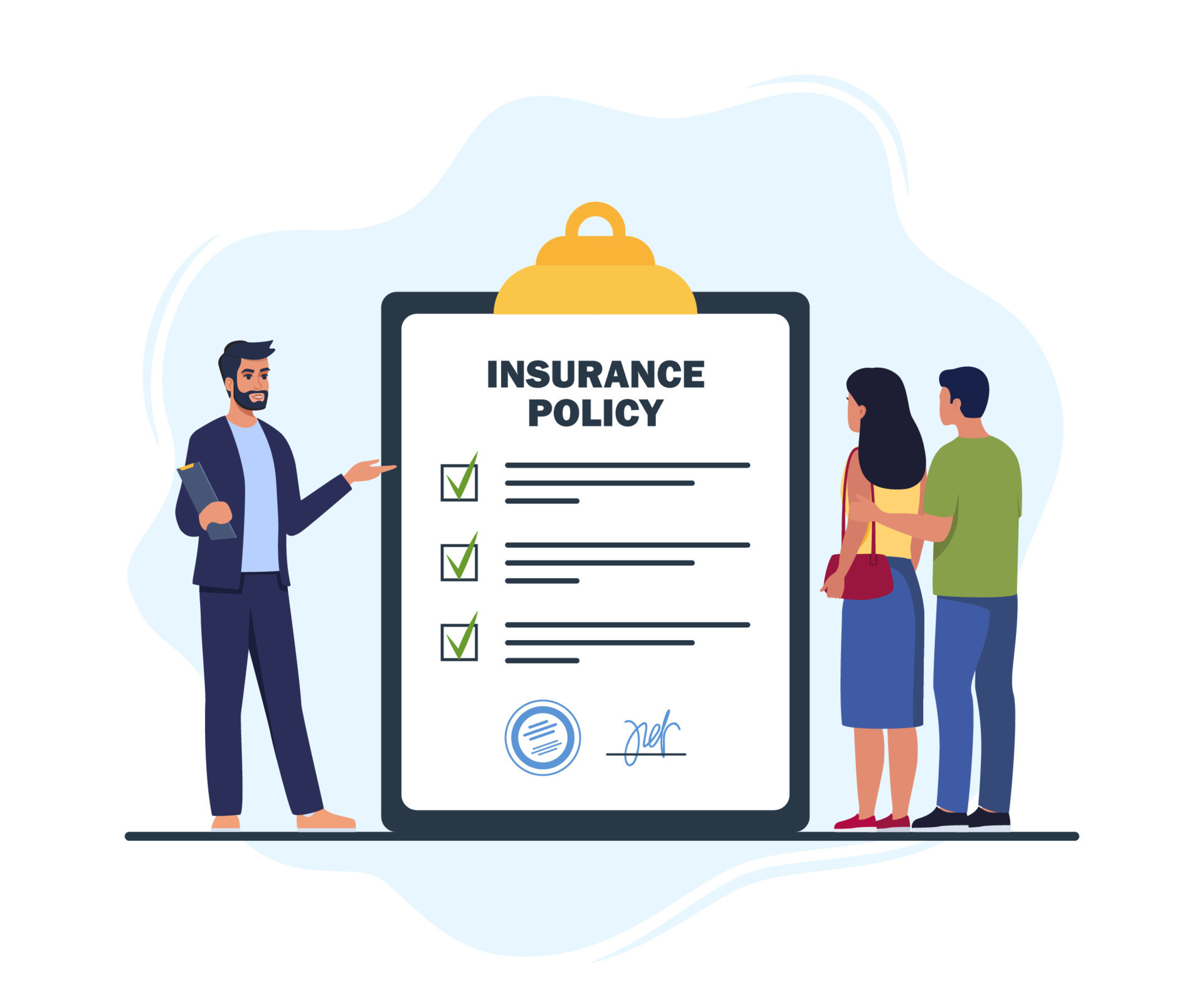 Insurance agent presenting service making deal with client family