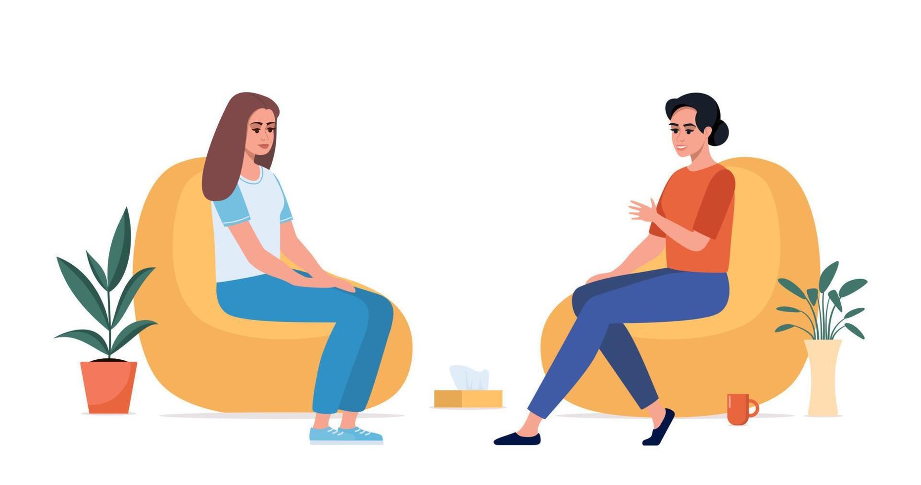 Female psychotherapist has an Individual session with her patient. Woman sits on the chair and her therapist talk her. Talk therapy concept. Vector illustration.