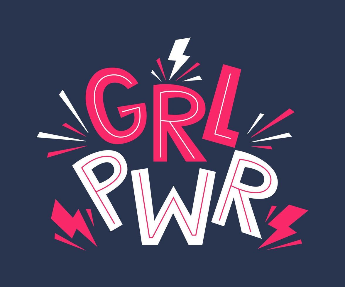 GRL PWR quote. Girl Power cute hand drawing motivation lettering phrase for t-shirts, poster, clothing, stick on laptop, phone, wall. Feminism slogan with lightning bolt symbol. Vector illustration.