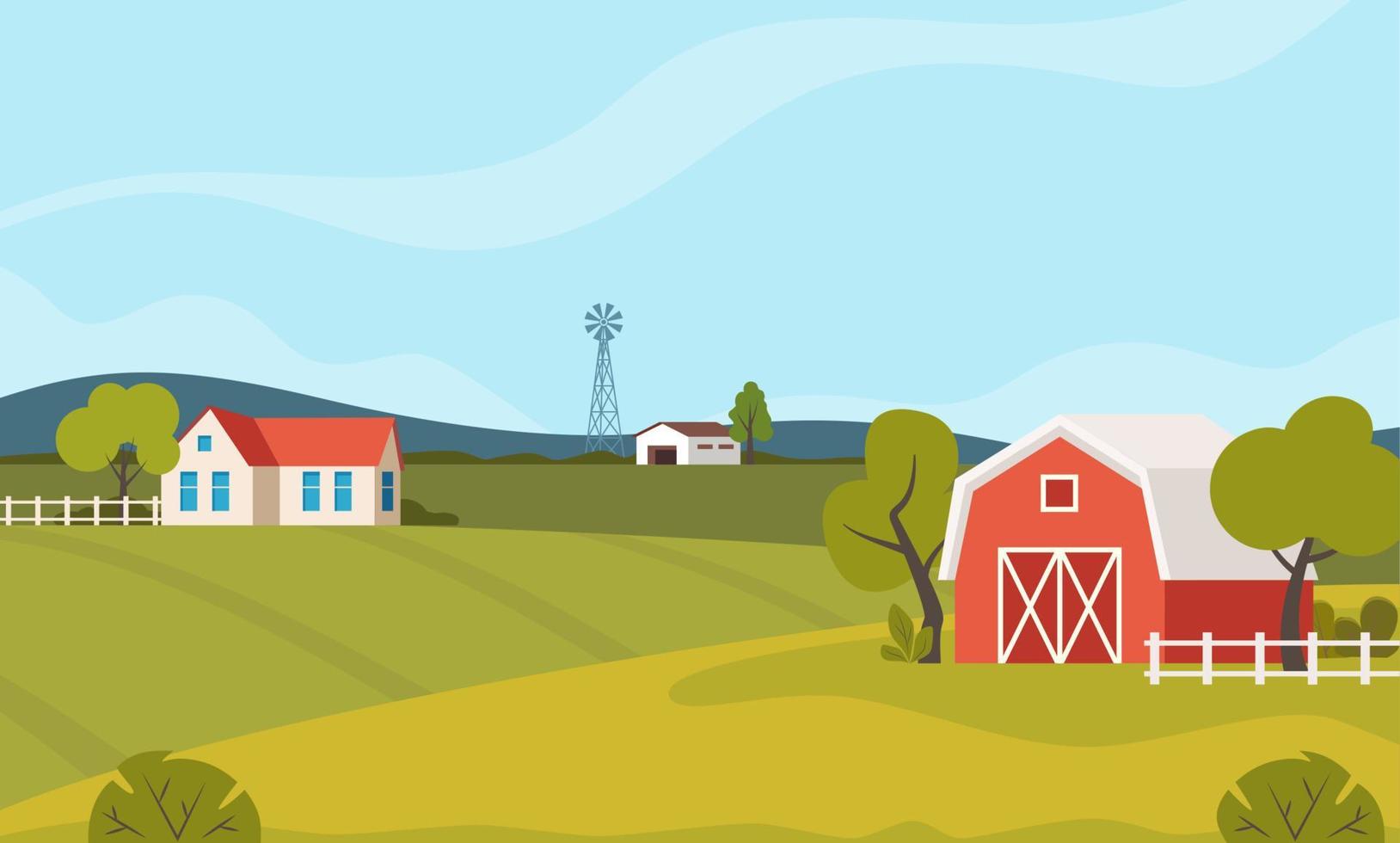 Farm scene with red barn and windmill, trees, fence, haystack. Rural landscape. Agriculture and farming concept. Cute vector illustration.