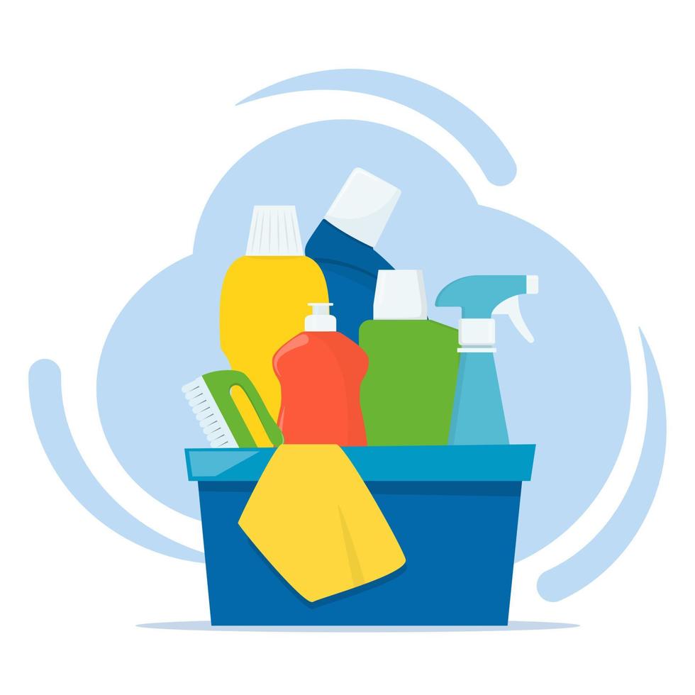 Bottles of detergents and cleaning products in a box, rag and cleaning brush. Cleaning services concept. Vector illustration, flat style.