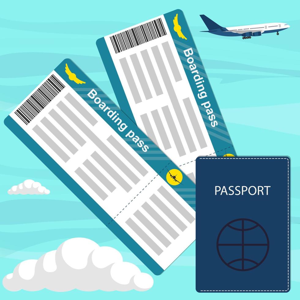 Travel concept with flight tickets, passport, airplane in the sky on background. Passport and boarding passes. Vector illustration, flat style.