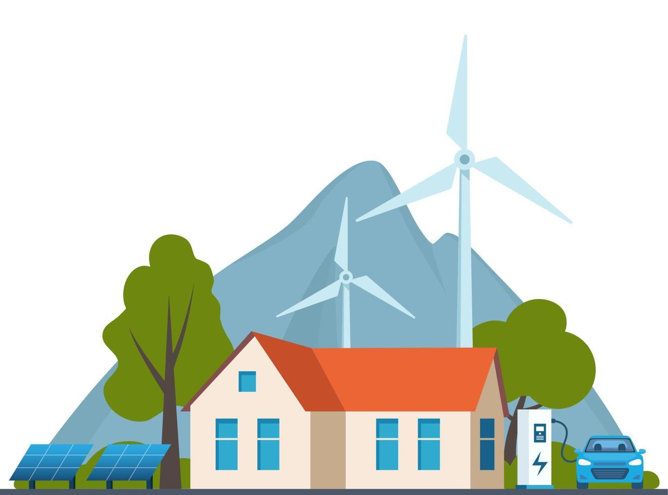 Modern Eco Private House with Windmills and Solar Energy Panels. Wind turbines, electric car charging station. Green enegry concept, vector illustration.