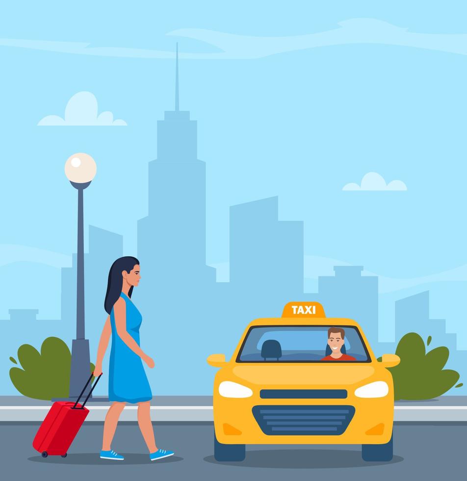 Woman with a suitcase take taxi. Urban background. Yellow Taxi Car, front view. Taxi with smiling man driver. Flat vector illustration.