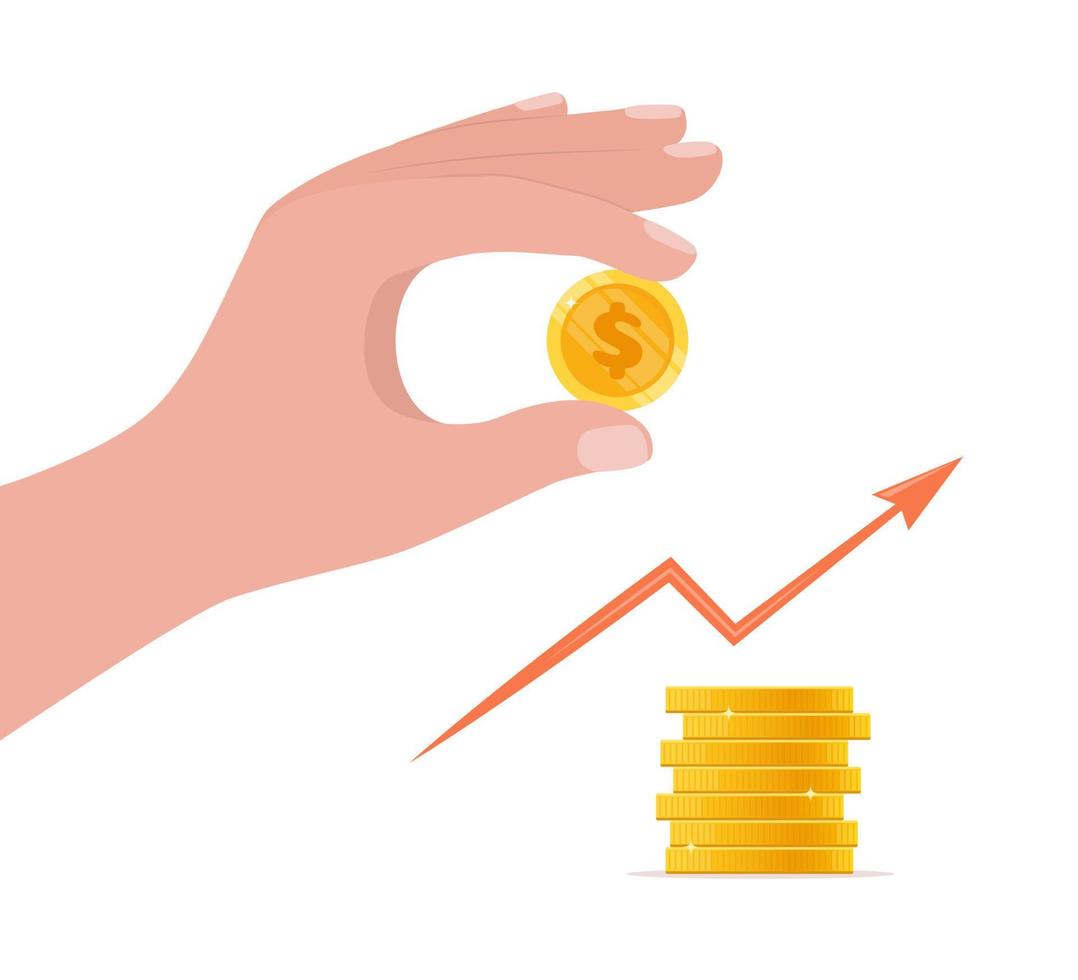 Hand putting coin on stack. Financial growth, saving money and investment concept. Pile of gold shiny coins with dollar sign. Vector illustration.