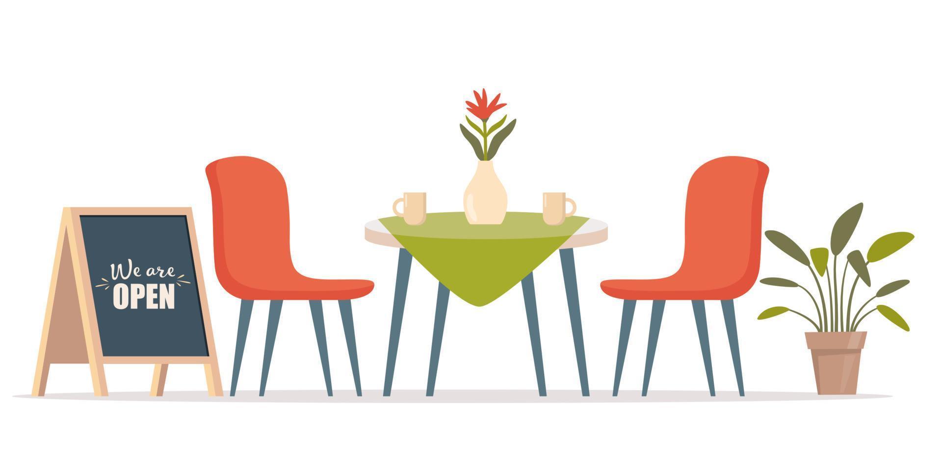 café al aire libre de verano con mesa y sillas, pizarra de calle. escena del restaurante en diseño plano. mesa de cena romántica para dos. ilustración vectorial vector