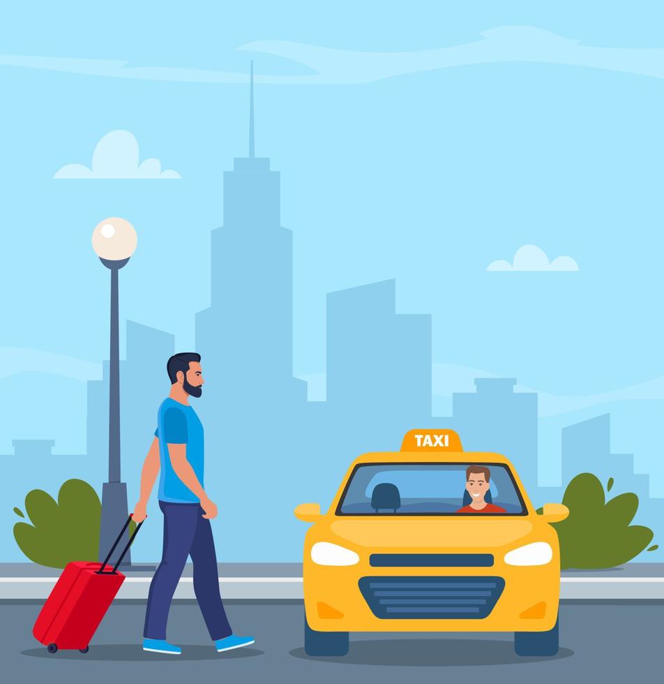 Man with a suitcase take taxi. Urban background. Yellow Taxi Car, front view. Taxi with smiling man driver. Flat vector illustration.