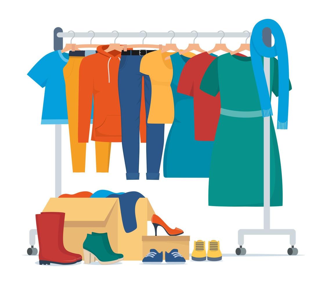 Clothes for donation. Various clothes on a hanger and in boxes, shoes. Cheap and free seasonal garment. Second hand shop, flea market goods. Donating clothes to charity, concept vector illustration.