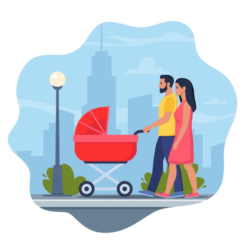 Young parents walking with stroller. Happy family having fun together, newborn toddler in carriage. Mother and father with baby stroller walks through the city. Colorful vector illustration.