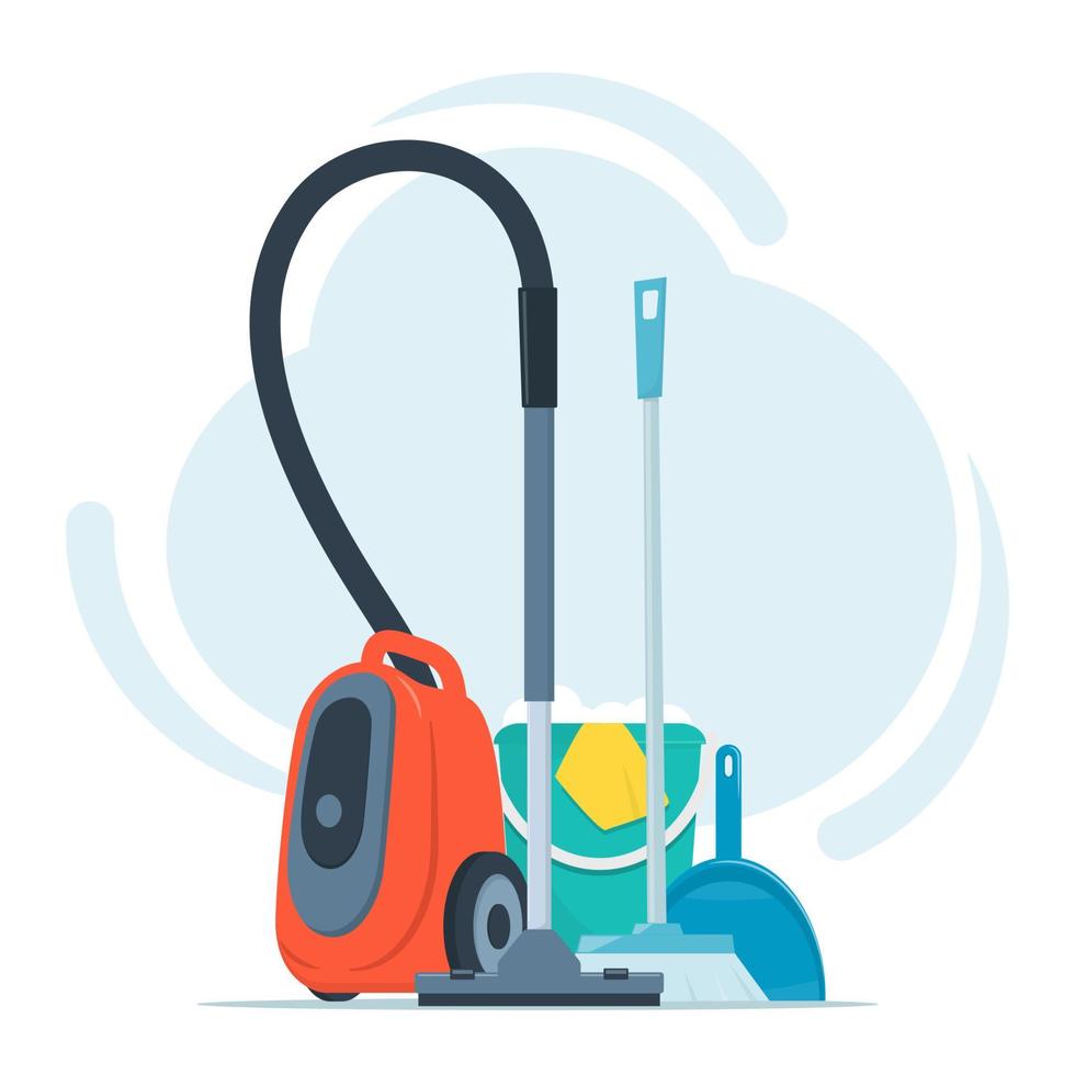 Tools for cleaning and housework. Vacuum cleaner, floor sweeping brush, dustpan, bucket of water and soap suds. Cute flat style vector illustration.