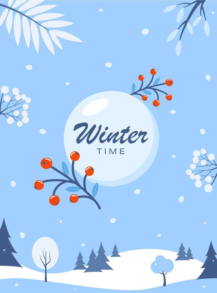 Winter time. Winter social network banner template. Flyer with winter landscape snowy background. Vector illustration.