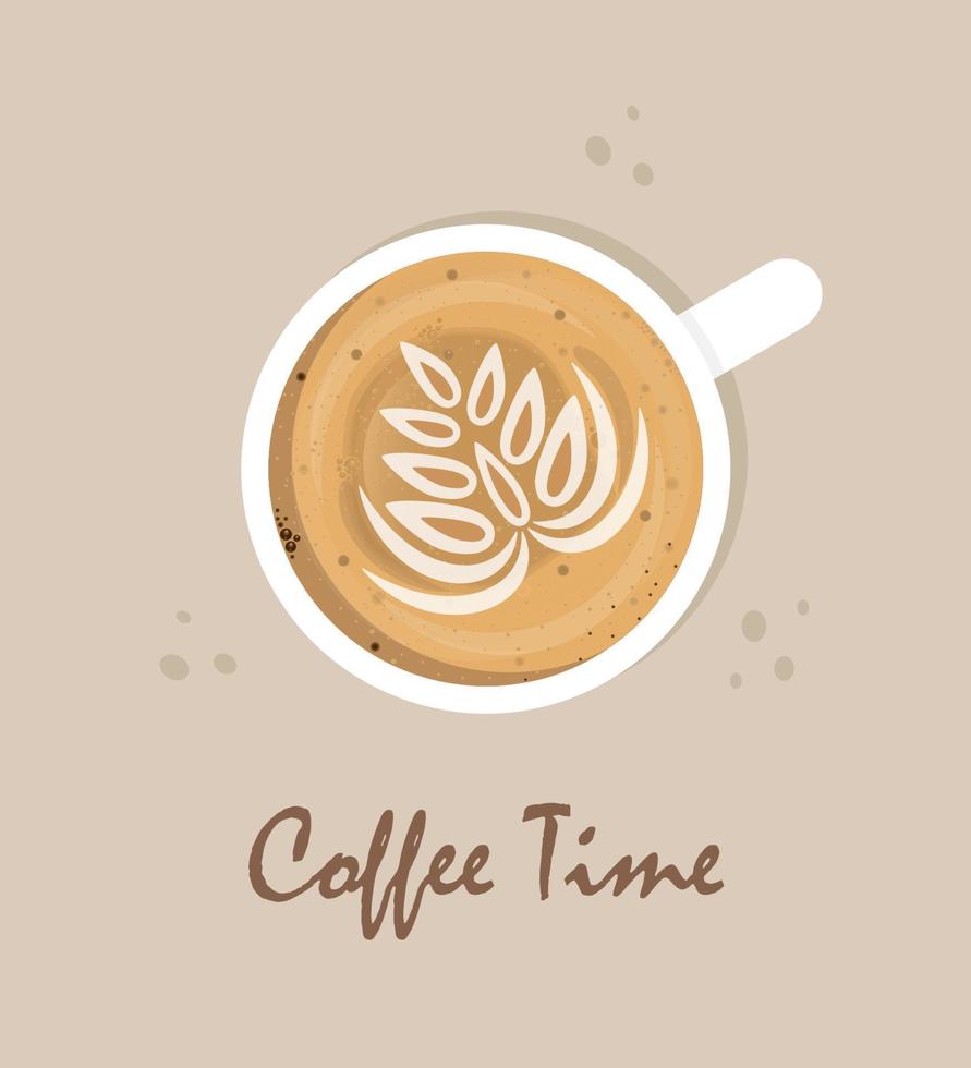 Cup of Coffee, top view, and Coffee time Text. Vector illustration.